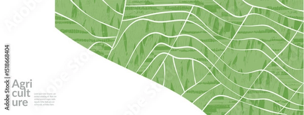 Fototapeta Background pattern with green field. Spring grass meadow, ecology vector, agriculture banner with organic texture. Flat border with vineyard, rice, wheat, hill forest panoramic view. Abstract design