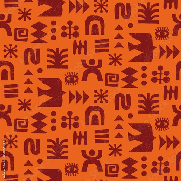 Fototapeta Black and orange tribal seamless pattern with geometric symbols