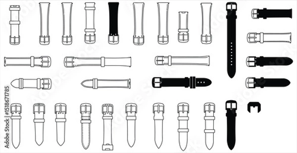 Fototapeta Vector illustration of diverse watch strap designs, showcasing various buckle types and materials, perfect for fashion, accessory, and wearable technology-related graphic projects.