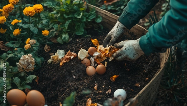 Fototapeta Hands composting eggshells into flower garden, recycling organic waste for sustainable living fertilizer. Generative AI