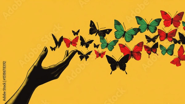 Fototapeta Black hand releasing colorful butterflies into the air against a vibrant yellow background, symbolizing freedom and transformation for Juneteenth celebration. Juneteenth,Black History Month