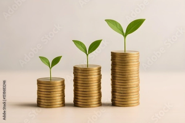Obraz Symbol of investment and economic success with three ascending stacks of coins and green plant sprouts. Financial progress. Money. Investment. Budget. Business. Savings. Charity.