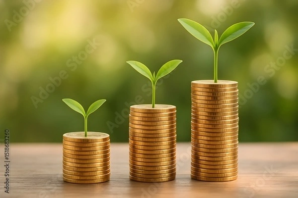 Fototapeta Symbol of investment and economic success with three ascending stacks of coins and green plant sprouts. Financial progress. Money. Investment. Budget. Business. Savings. Charity.