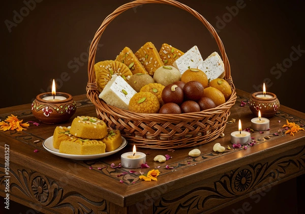 Fototapeta Assorted basket of Diwali sweets like barfi, laddoo, and gulab jamun, flanked by lit candles on an intricately carved wooden table