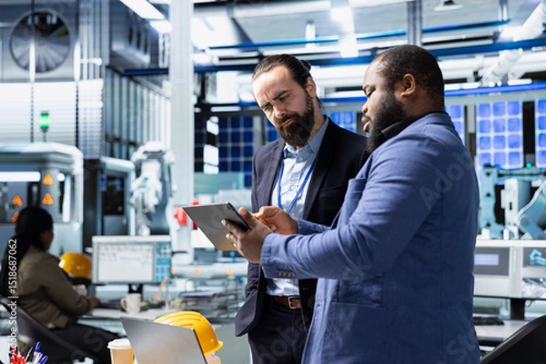 Obraz Multiethnic specialists engineers doing teamwork on modern production line for solar panels power, combining technical insight and collaboration for renewable energy infrastructure.