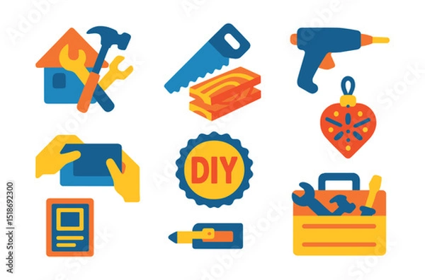Fototapeta Flat vector icons of DIY and crafting: home project tools, saw and wood icon, glue gun, hands building, DIY badge, handmade decor, instruction sheet, toolbox icon.