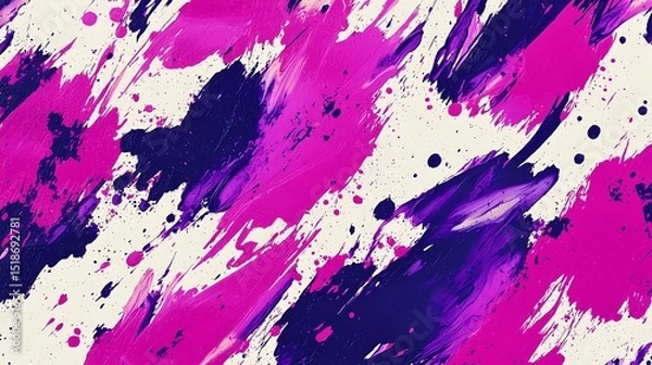 Fototapeta Bright fuchsia splatters mixed with deep purple smears, blending together in a chaotic, expressive pattern with flowing brushstrokes on a white background.