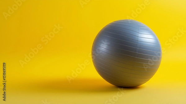 Fototapeta A vibrant exercise gray ball positioned on a smooth yellow background, highlighting its shape and texture.
