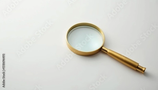Fototapeta Magnifying glass on white backdrop. Golden optical loupe, research tool for science, analysis, and investigation. Inspection concept. Clarity and zoom.
