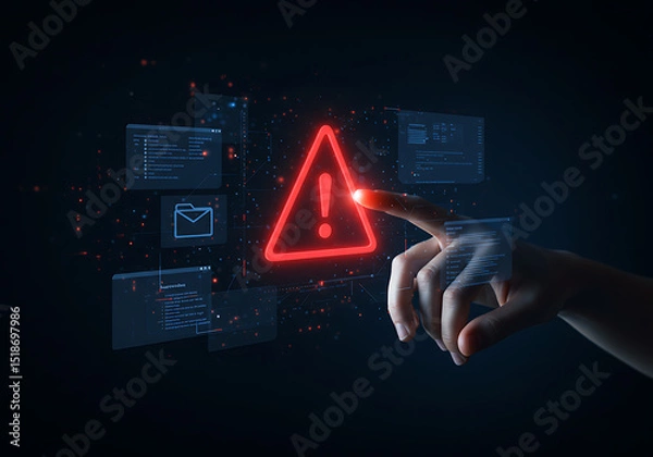Fototapeta Cyber security alert system with red warning sign and hand touching screen for data protection risk