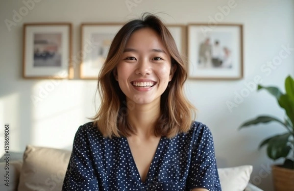 Obraz Cheerful Vietnamese woman in headshot smiling. Millennial Asian girl on video call, webinar. Happy female talking during webcam conference virtual event. Smiling face, healthy teeth. Portrait on