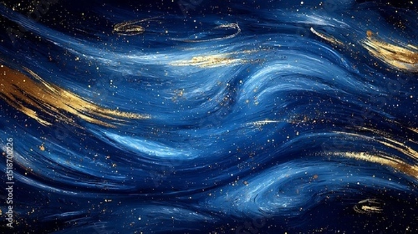 Fototapeta Brush strokes in various shades of blue and gold create the illusion of swirling galaxies, with smears representing nebulae and soft light sources in space.