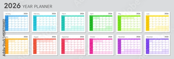 Fototapeta Work planner with 2026 year calendar. Blank schedule grid for daily and monthly agenda. Planner template for 2026 year with rainbow colors. Calender for notes, vector illustration
