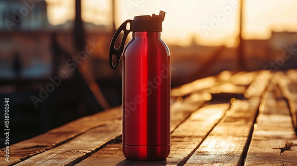 Fototapeta A sleek, reusable red sports water bottle with a secure lid, set against a wooden table at sunny day  background.
