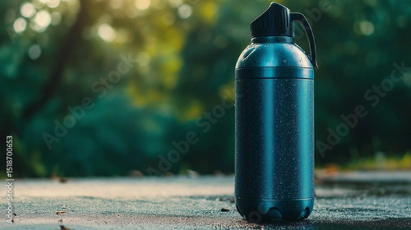 Fototapeta A sleek, reusable blue sports water bottle with a secure lid, set against a blurred forest background.

