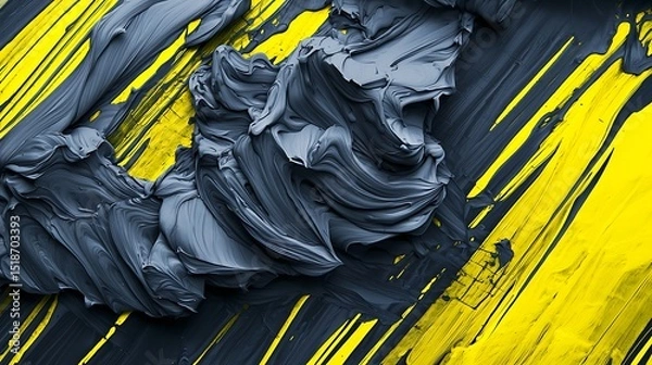 Fototapeta Charcoal gray ink mixed with bright lemon yellow paint streaks, forming a bold, textured composition with layered visual depth.