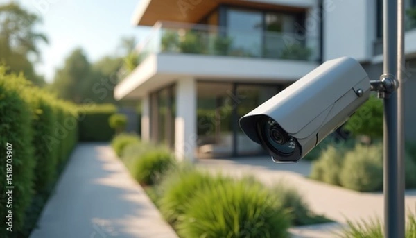 Obraz Modern security camera installed outside stylish home. Surveillance system, house protection, residential safety concept. Camera records events, provides peace mind for family. Smart tech equipment,