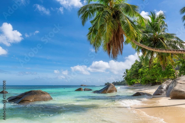 Fototapeta Exotic Sunny beach and coconut palms on Seychelles. Summer vacation and tropical beach concept.