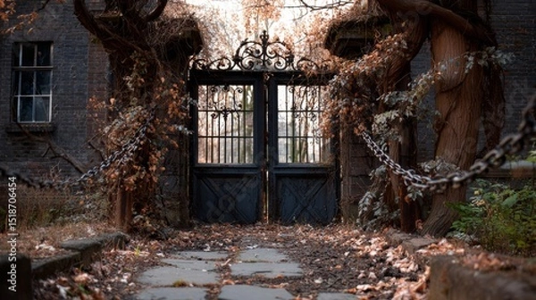 Obraz A closed school gate covered in vines, symbolizing the fading of education.