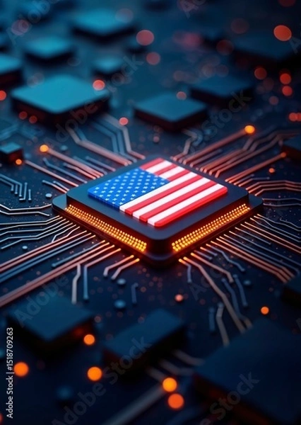 Obraz A us-made computer chip with the flag of the united states, ensuring independence from non-us microprocessor production - ai generated