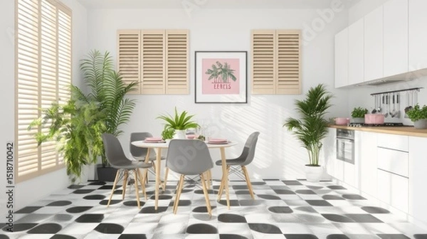 Fototapeta A modern kitchen and dining area with plants and light.