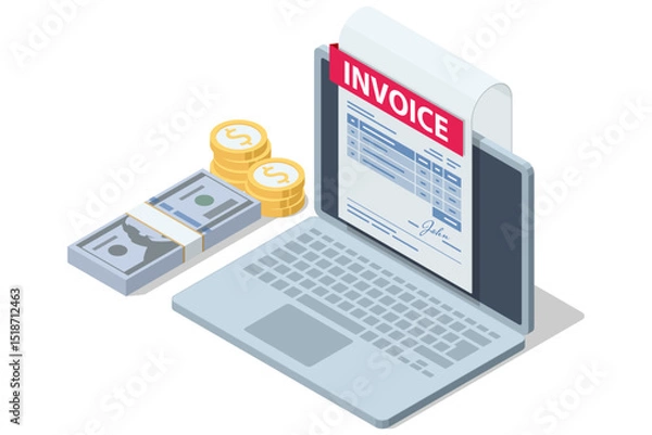 Obraz Isometric Modern vector illustration for e-billing, accounting, and online finance management. Electronic invoice system digital invoice receipt, coins, payment icon, and email notification