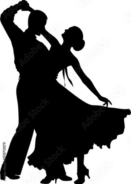 Fototapeta "A graceful ballroom dance couple, stylized in silhouette, captured mid-glide across the floor. Her dress sweeps behind her, and their posture is fluid and refined. Flowing vector-style lines trail th