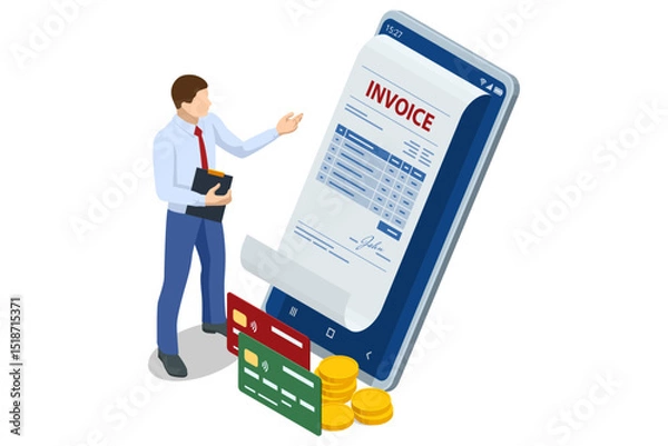 Obraz Isometric Modern vector illustration for e-billing, accounting, and online finance management. Digital financial transaction Smartphone with e-invoice, dollar sign, and coin stacks