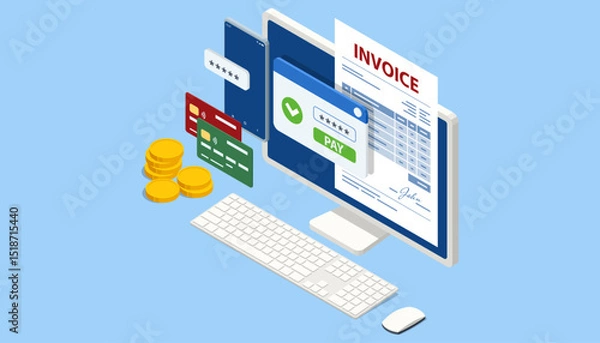 Obraz Isometric Mobile invoice payment concept. Isometric vector illustration of electronic bill, smartphone, currency icons, and notification envelope for digital finance and banking.