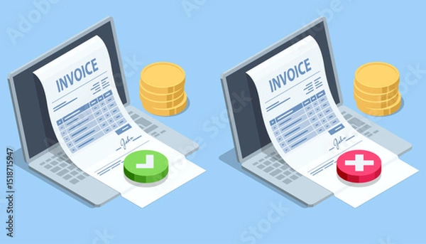 Obraz Isometric Isometric E-invoice and digital payment. Features laptop, dollar coins, financial icons, and email notification for accounting and e-commerce solutions.