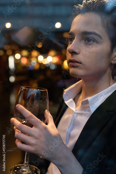 Obraz Young woman holding a wine glass in front of the window