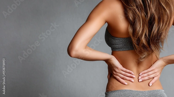 Fototapeta Soft, youthful hand gently clutching the lower back, indicating discomfort or pain. Minimalist composition with bright white background and side space ideal for medical, wellness, or health messaging.
