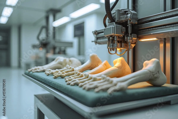 Fototapeta Printing imitation bone models on a 3D printer. Creating bone-like support structures for implantation and bone restoration. Bioprinter for traumatology.