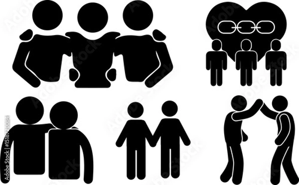 Fototapeta Two Stick Man Friendship Hands icons. 3 friends hugging illustration. Mens friendship sign. Teamwork pictogram. Fellowship and brotherhood concept.Togetherness concept icon.