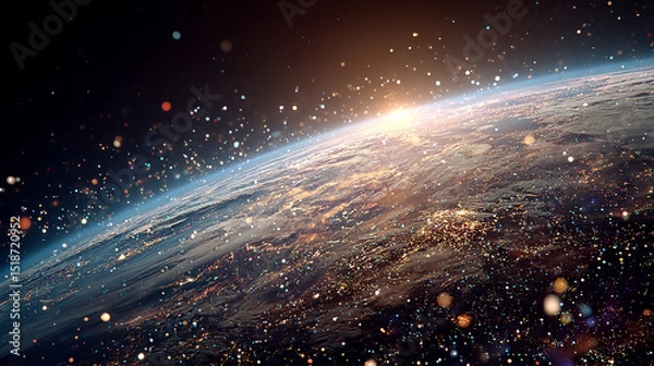 Fototapeta Orbiting space debris encircles Earth against the darkness of space, symbolizing the growing challenge of space sustainability and the environmental impact of human activity in orbit.

