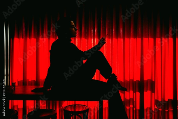 Obraz Art photography. Retro silhouette of girl in front of window. Noir photo. Woman smoking a cigarette in mouthpiece