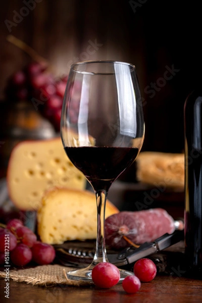 Obraz Glass of red wine with a bottle serving on a wooden table with cheese, bread, and salami. Fresh grapes, a knife, and a board. Still life photo.
