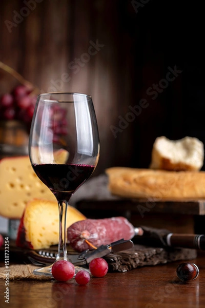 Obraz Glass of red wine with a bottle serving on a wooden table with cheese, bread, and salami. Fresh grapes, a knife, and a board. Still life photo.