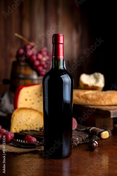 Obraz Glass of red wine with a bottle serving on a wooden table with cheese, bread, and salami. Fresh grapes, a knife, and a board. Still life photo.