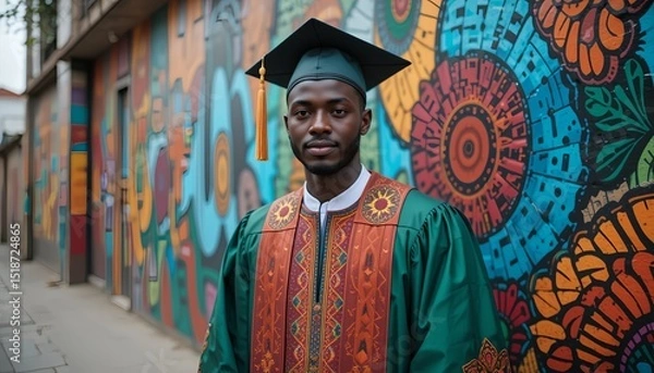Obraz Nigerian male graduate in agbada-inspired robe with embroidery near vibrant mural with African patterns