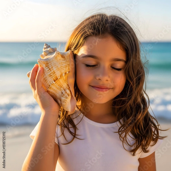 Fototapeta A joyous young child with closed eyes holds a large seashell to their ear on a sunny beach