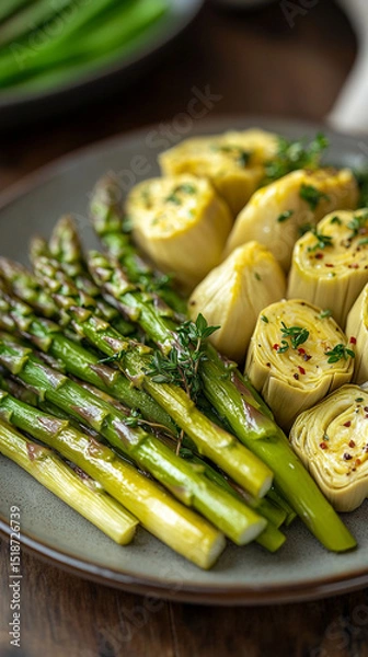 Obraz Gourmet vegan dish with asparagus and artichoke, artfully plated and garnished with herbs, symbolizing freshness, seasonal ingredients, clean eating, and plant-based culinary creativity.

