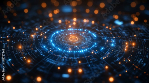 Obraz Futuristic digital QMS control interface with glowing blue and orange circuit board design, representing ISO 9001 standards, quality assurance, innovation, and compliance in modern tech.
