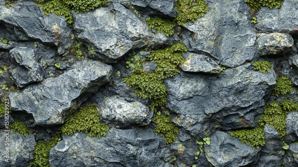 Obraz A textured surface of vivid green moss growing between dark grey stones—symbolizing harmony, resilience, grounding, and the quiet strength of nature in contrast to hard materials.

