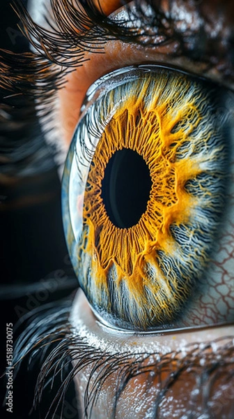 Obraz 3D digital rendering of a multicolored human iris formed by scattered rainbow lines and binary light—symbolizing identity, vision, biometrics, AI perception, and the fusion of tech and humanity.
