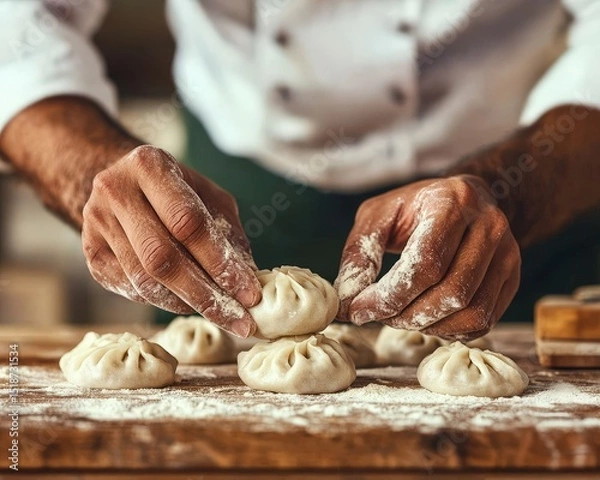 Fototapeta A chef"s hands making dumplings on a floured wooden surface, showcasing traditional culinary preparation.
