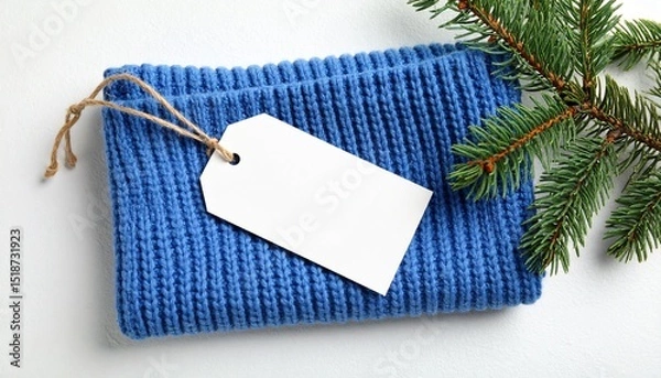 Fototapeta Blue Knitted Napkin Mockup with Blank Tag and Winter Branches