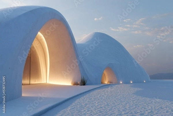 Fototapeta Striking architecture with smooth, white curves and illuminated archways creates a serene and futuristic atmosphere at twilight.