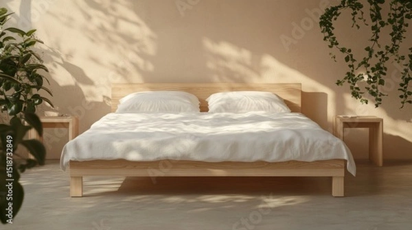 Fototapeta Light-filled bedroom with a simple wooden bed.
