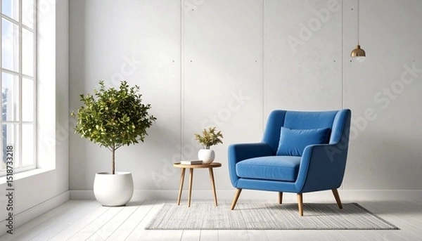 Fototapeta Blue Chair in Minimalist White Room with Textured Wall